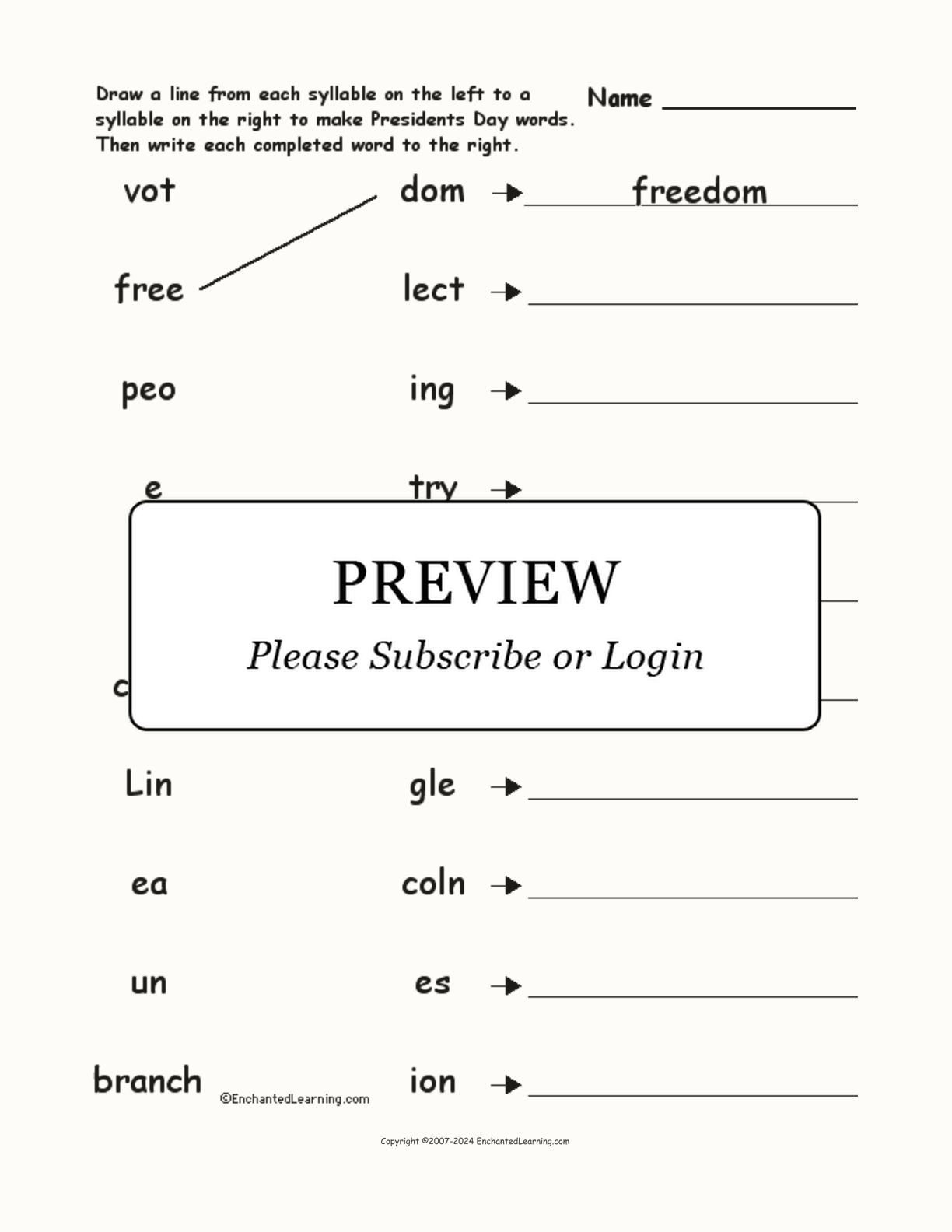 Match the Syllables: Presidents' Day Words interactive worksheet page 1