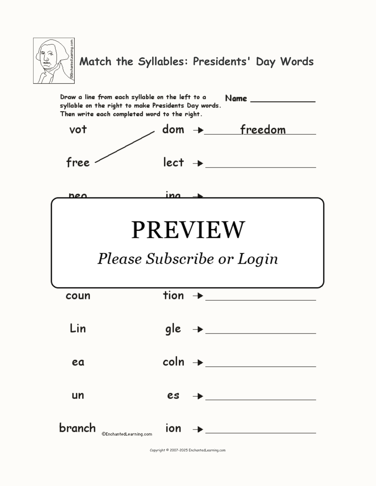 Match the Syllables: Presidents' Day Words interactive worksheet page 1