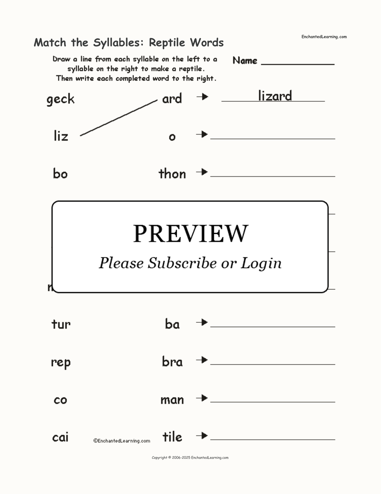 Match the Syllables: Reptile Words interactive worksheet page 1