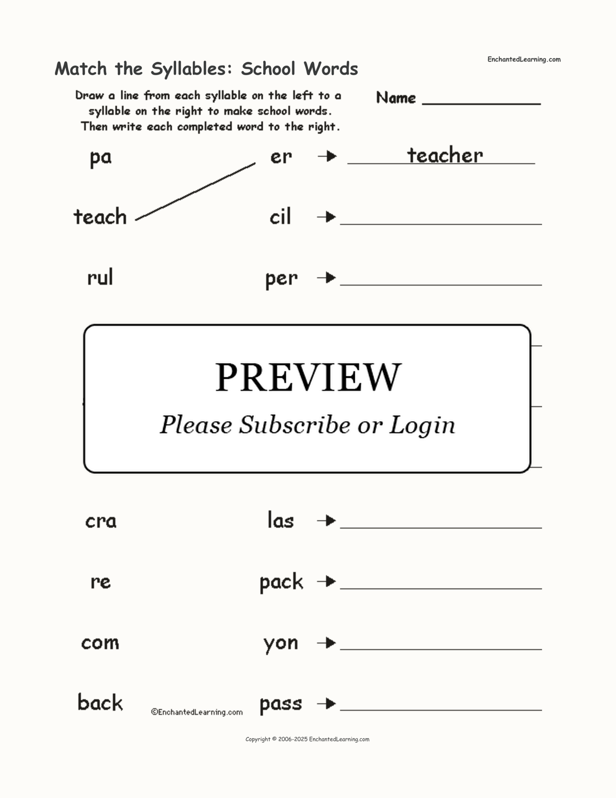 Match the Syllables: School Words interactive worksheet page 1