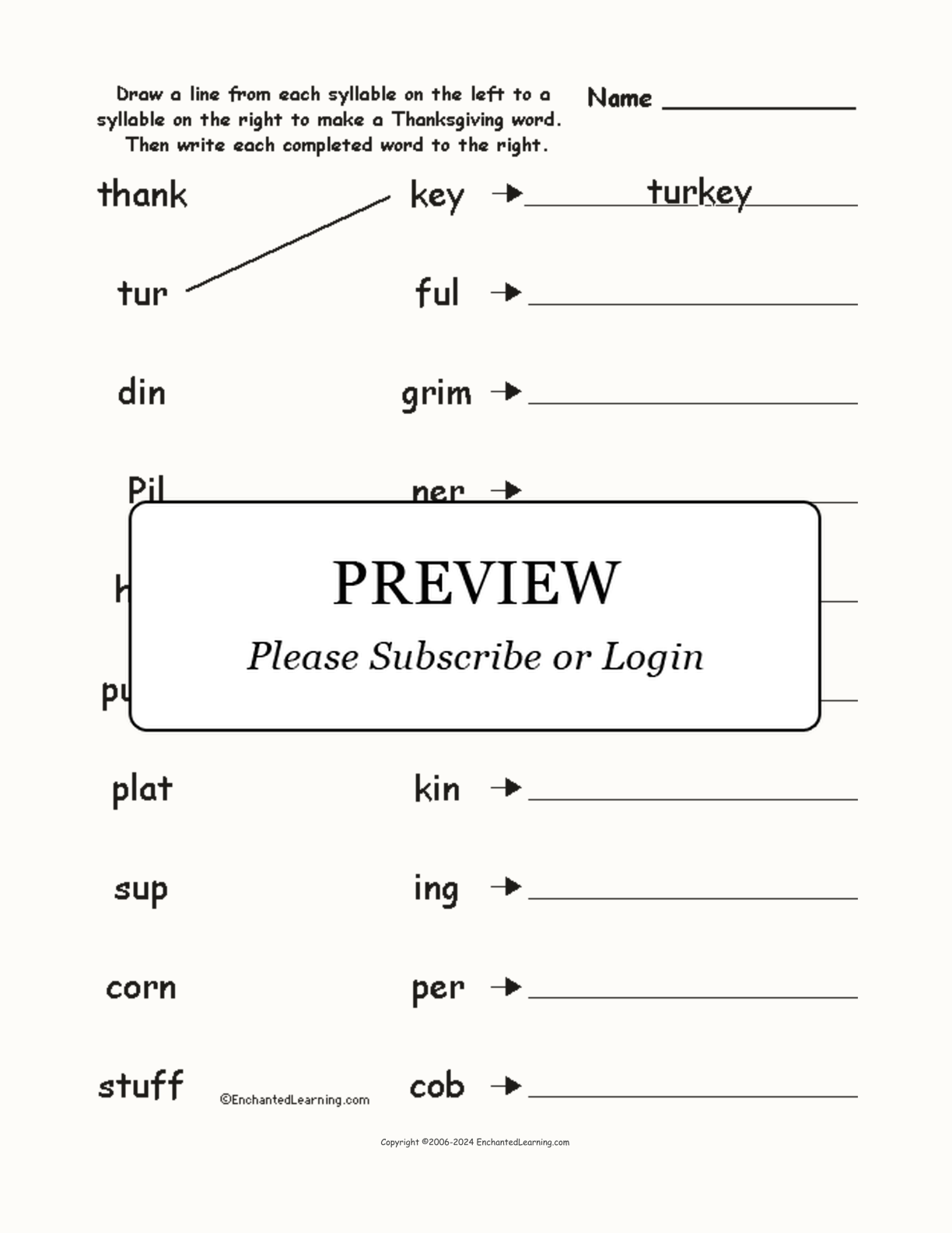 Match the Syllables: Thanksgiving Words interactive worksheet page 1