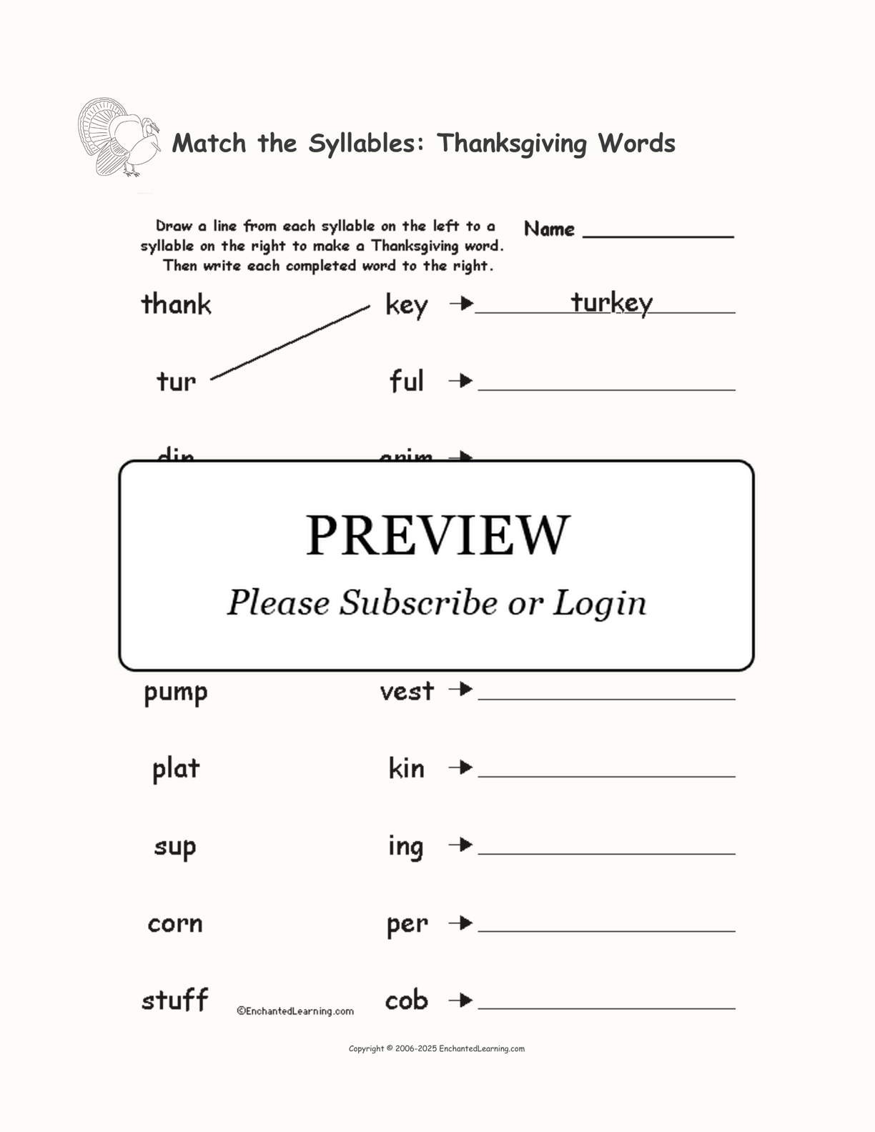 Match the Syllables: Thanksgiving Words interactive worksheet page 1