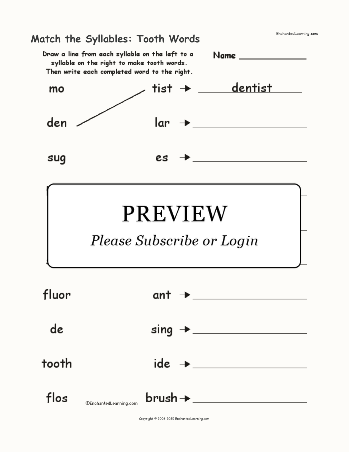 Match the Syllables: Tooth Words interactive worksheet page 1