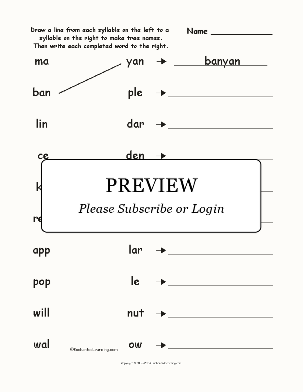 Match the Syllables: Tree Words interactive worksheet page 1
