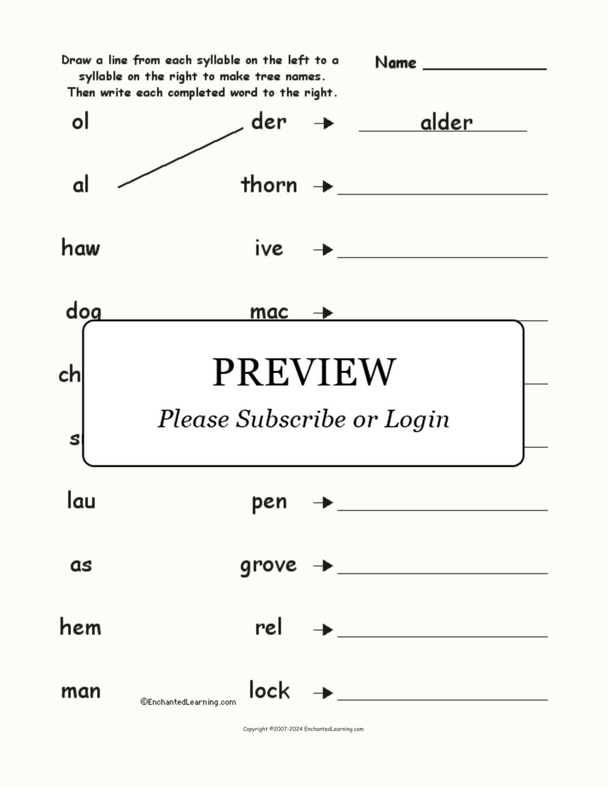 Match the Syllables: Tree Words #2 interactive worksheet page 1