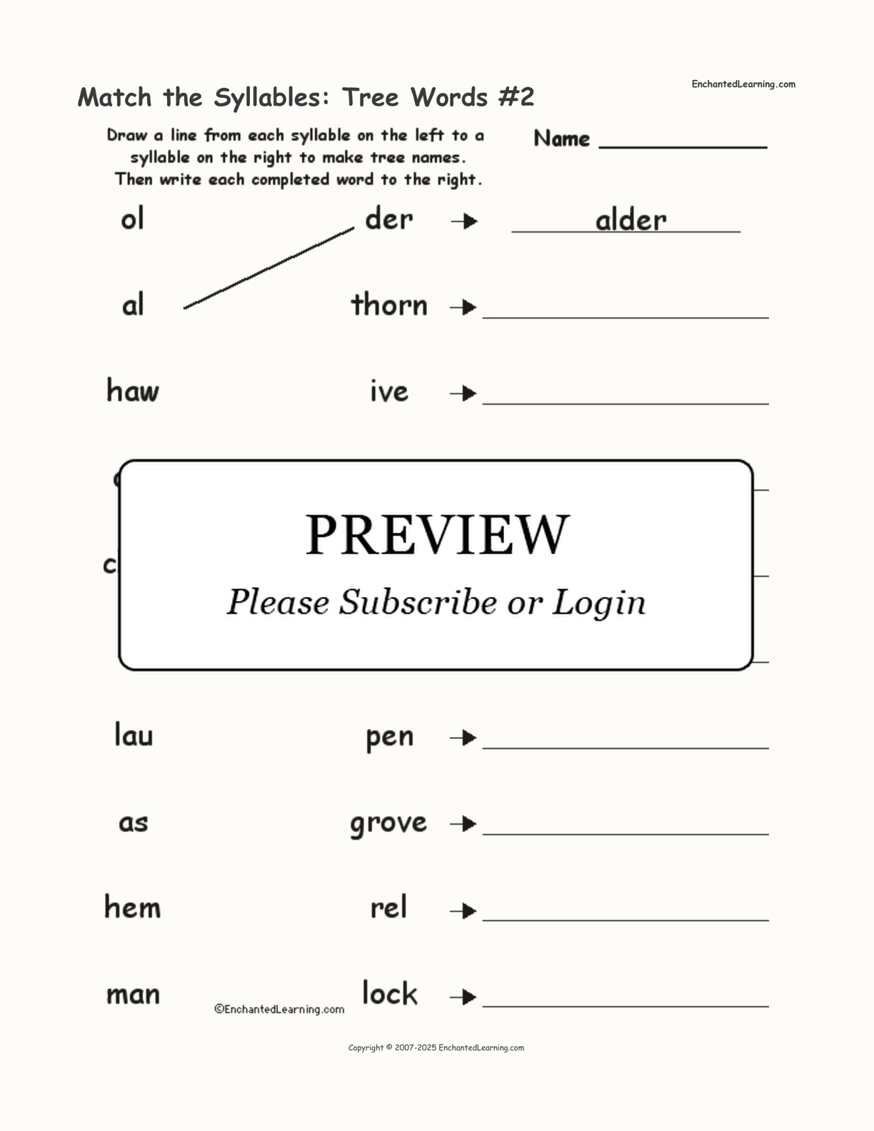 Match the Syllables: Tree Words #2 interactive worksheet page 1