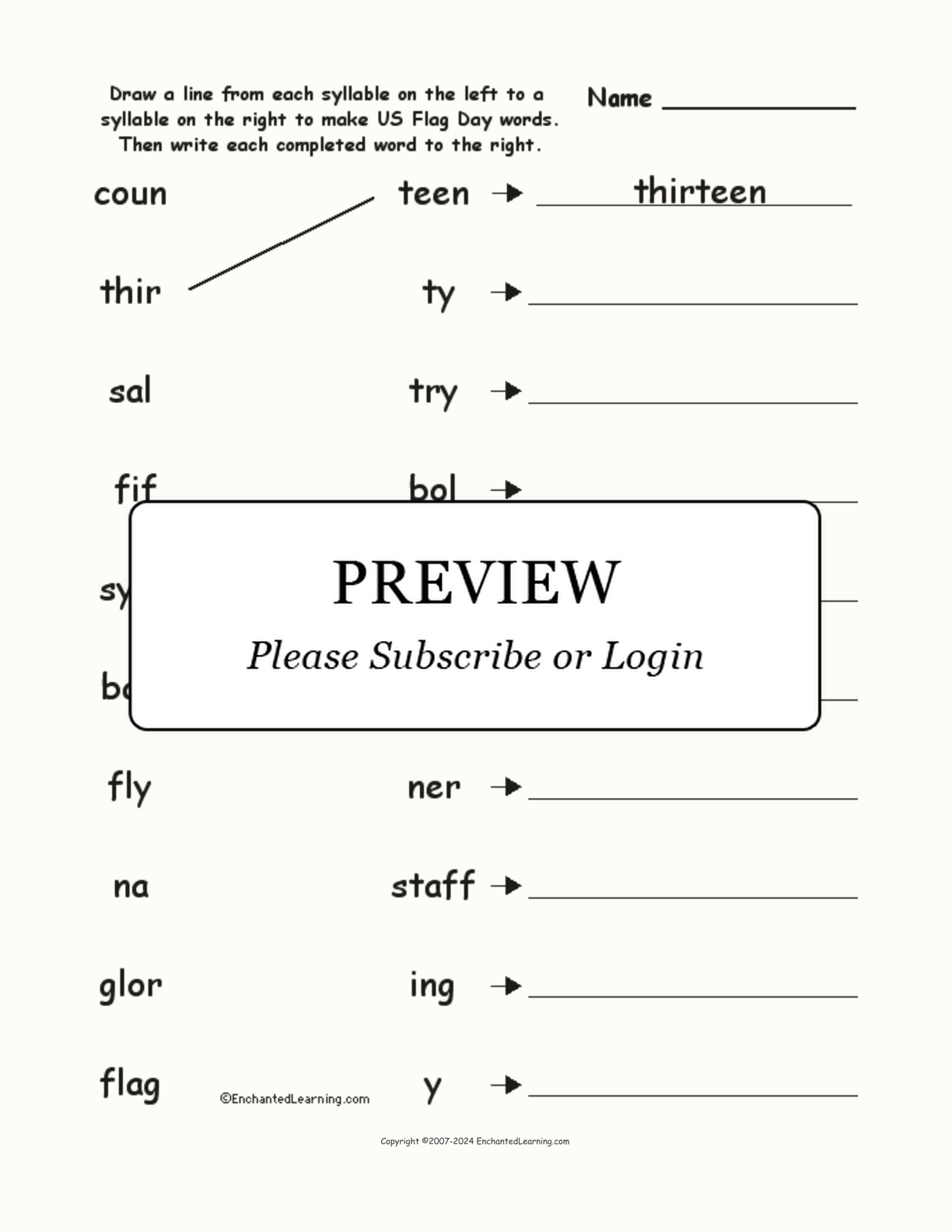Match the Syllables: US Flag Words interactive worksheet page 1