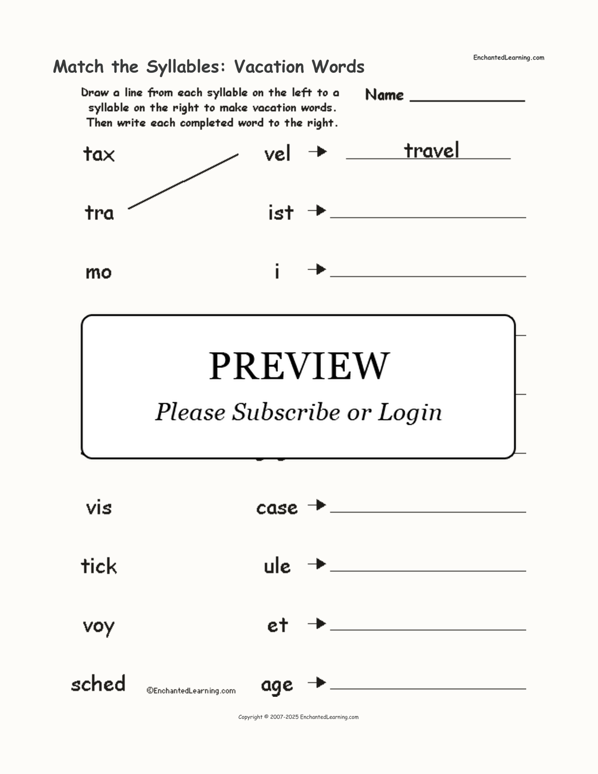 Match the Syllables: Vacation Words interactive worksheet page 1