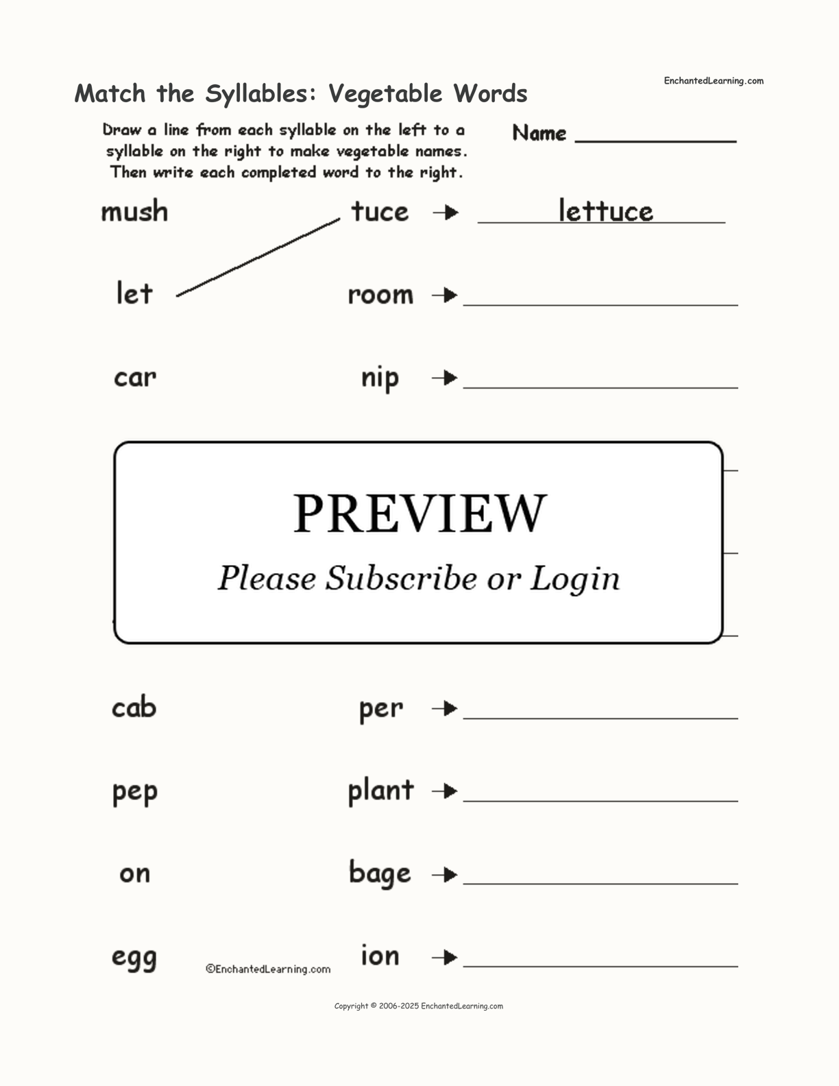 Match the Syllables: Vegetable Words interactive worksheet page 1