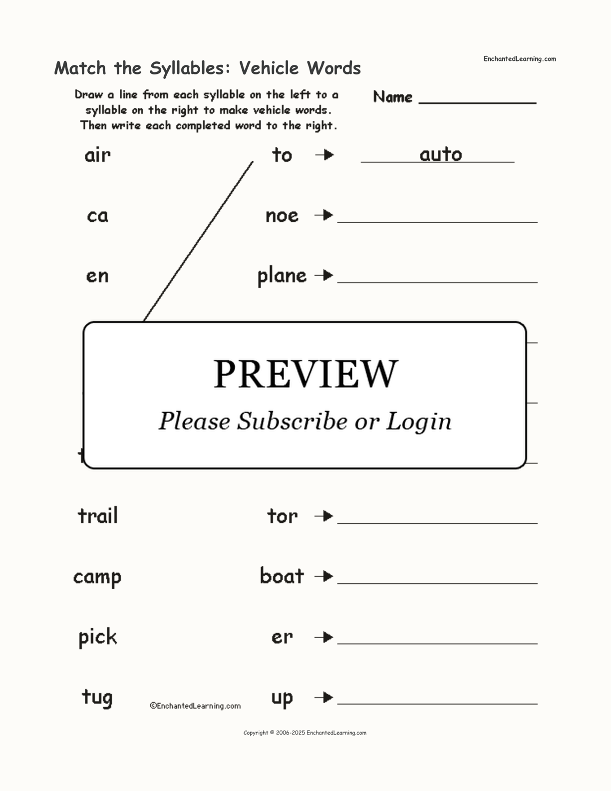 Match the Syllables: Vehicle Words interactive worksheet page 1