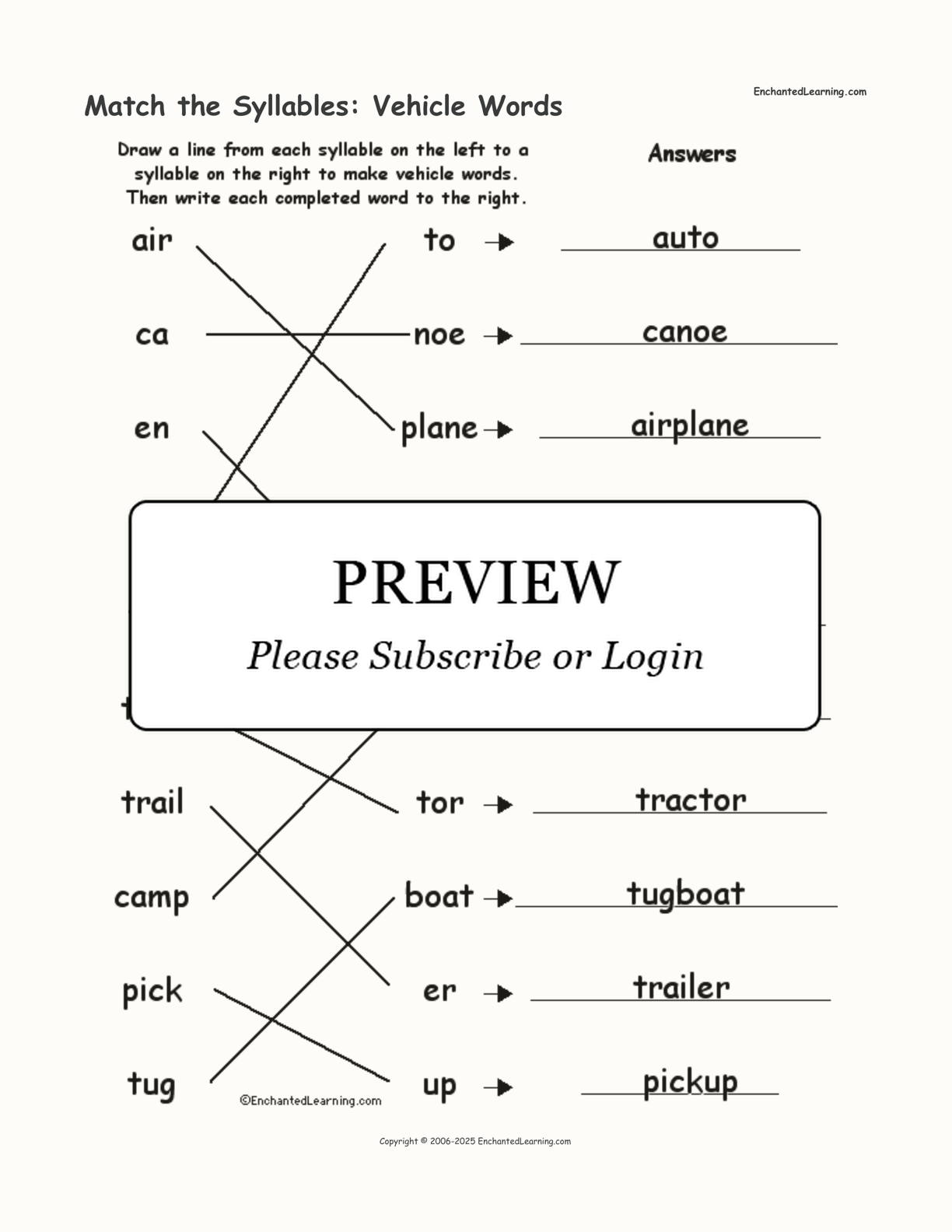 Match the Syllables: Vehicle Words interactive worksheet page 2