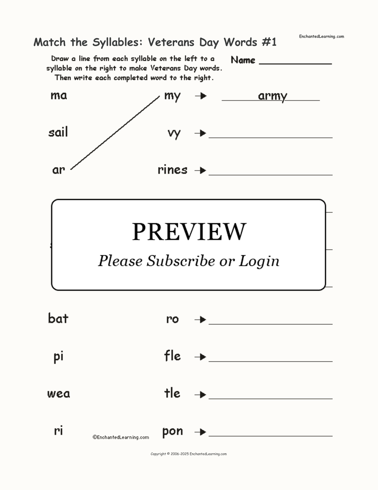 Match the Syllables: Veterans Day Words #1 interactive worksheet page 1