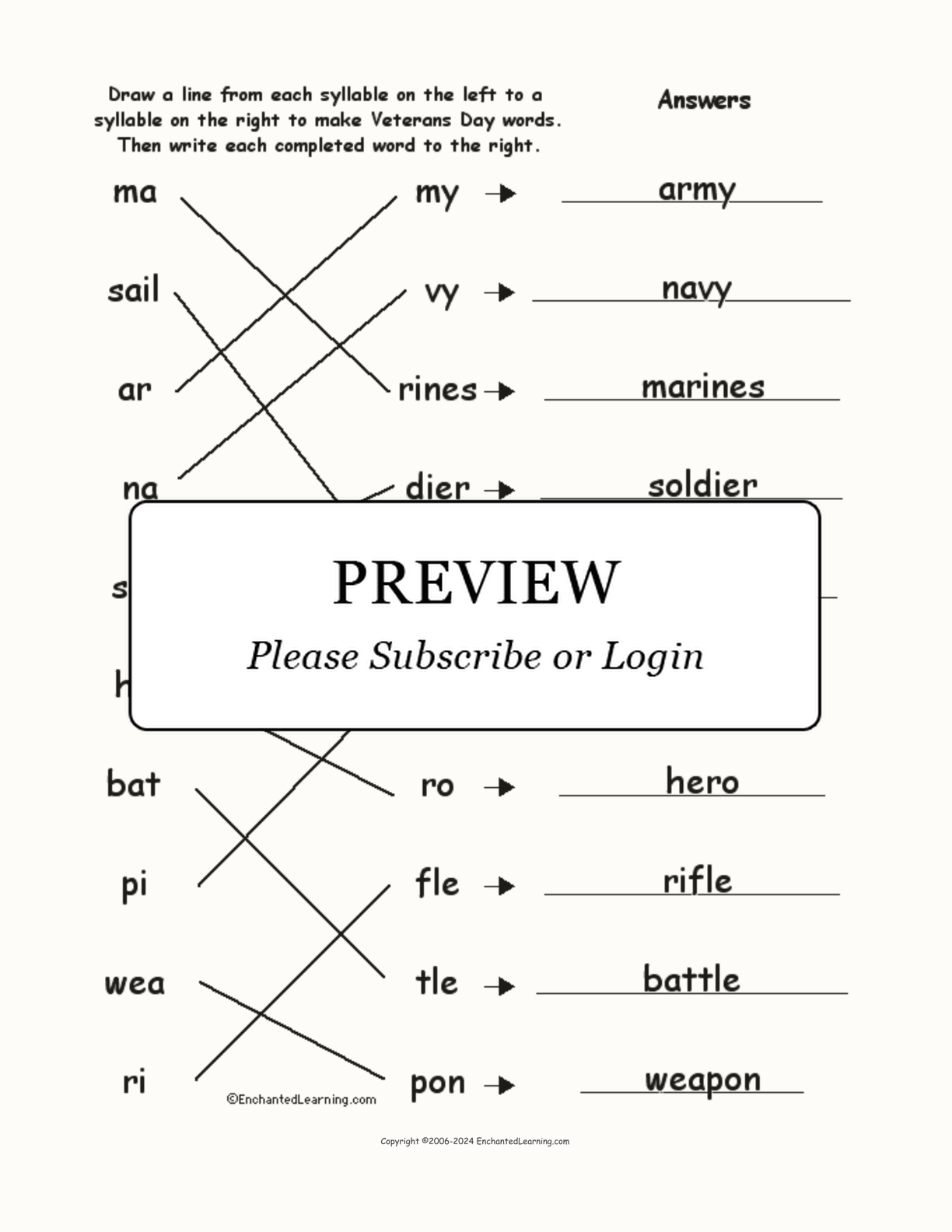 Match the Syllables: Veterans Day Words #1 interactive worksheet page 2