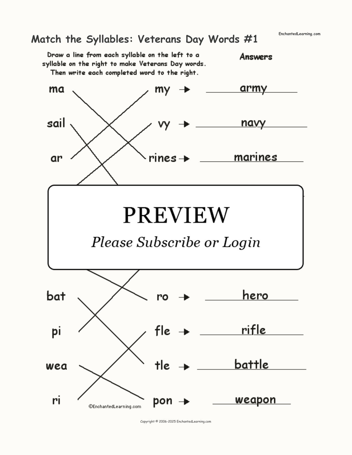 Match the Syllables: Veterans Day Words #1 interactive worksheet page 2