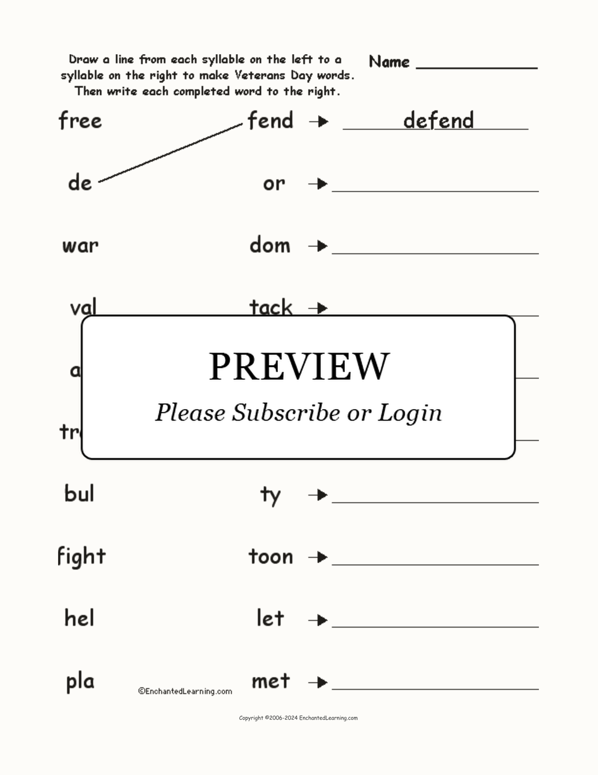Match the Syllables: Veterans Day Words #2 interactive worksheet page 1