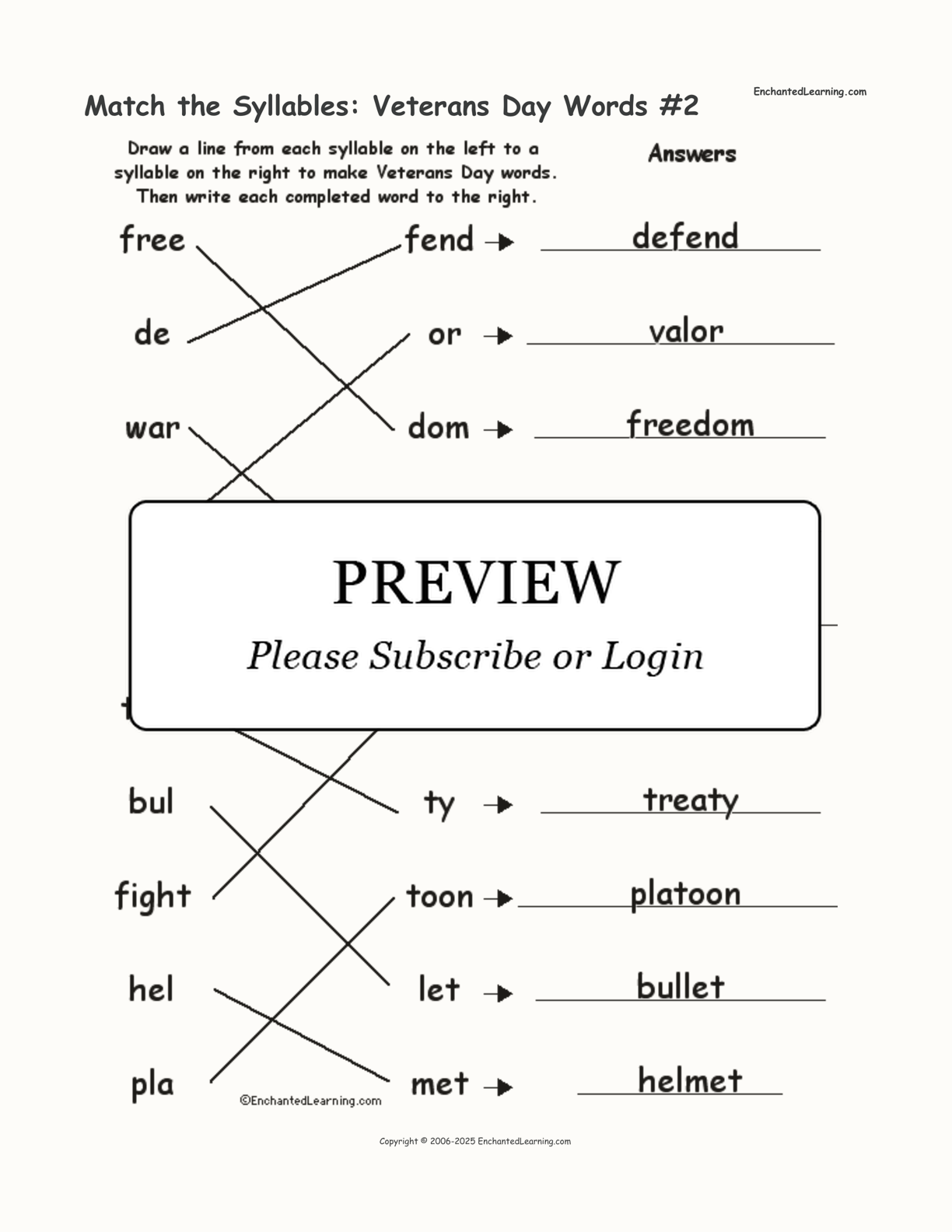 Match the Syllables: Veterans Day Words #2 interactive worksheet page 2