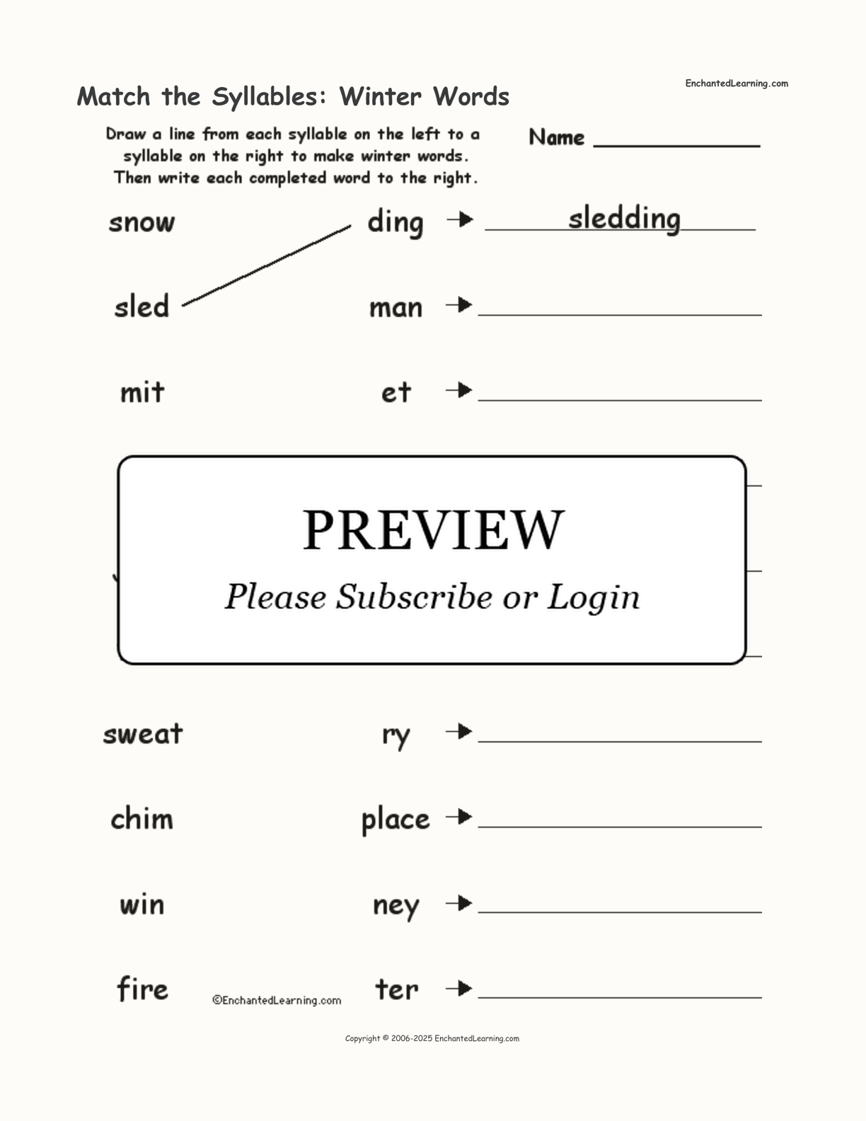 Match the Syllables: Winter Words interactive worksheet page 1