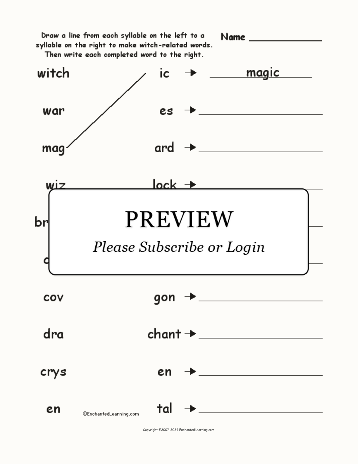 Match the Syllables: Witch Words interactive worksheet page 1