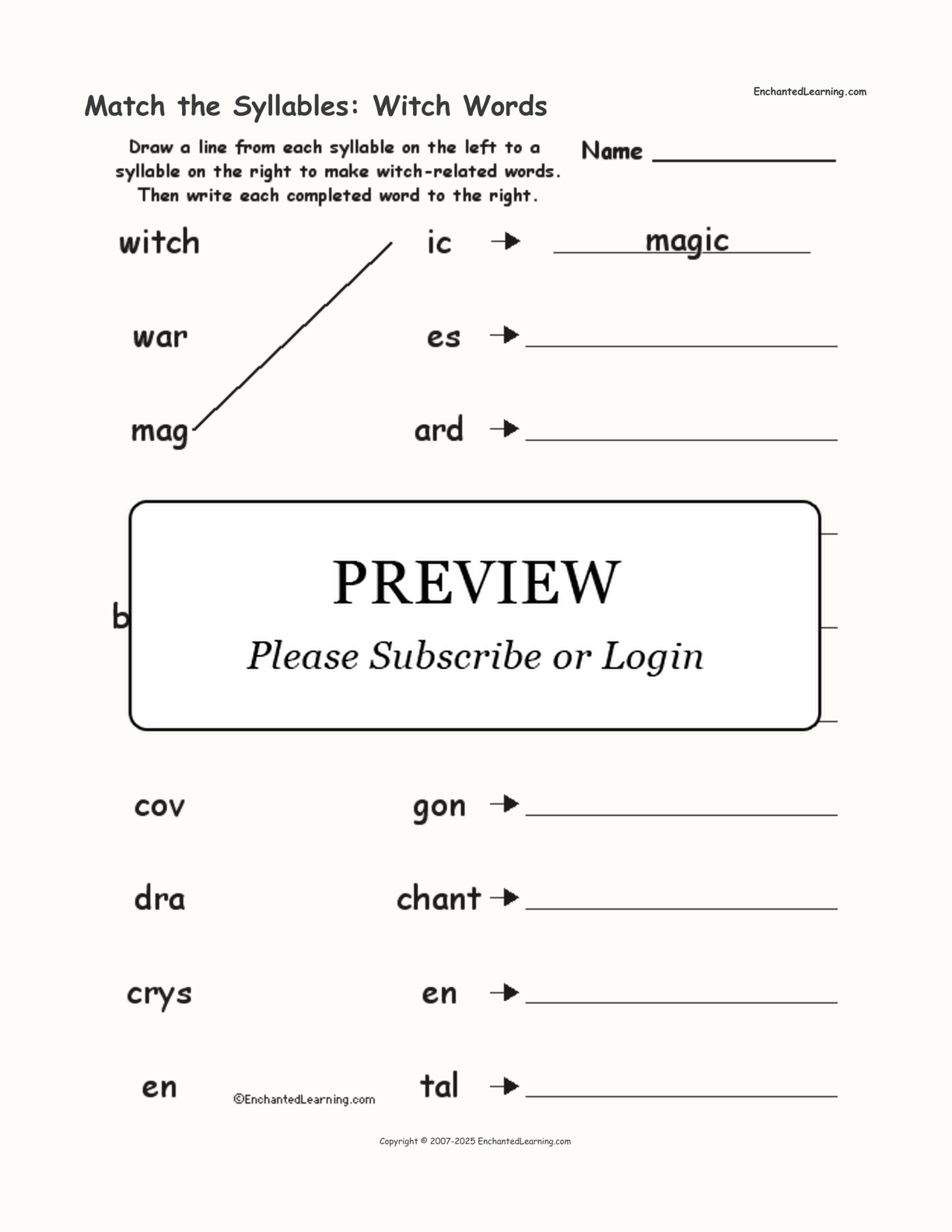 Match the Syllables: Witch Words interactive worksheet page 1