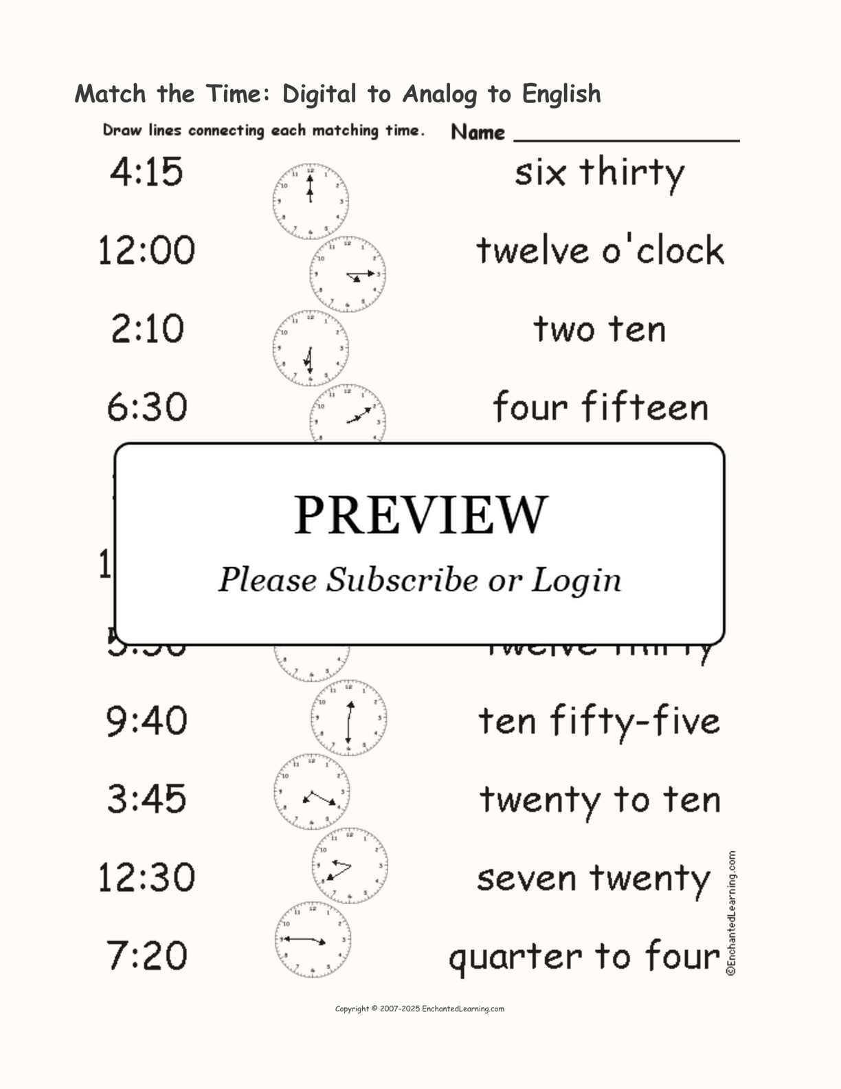 Match the Time: Digital to Analog to English interactive worksheet page 1