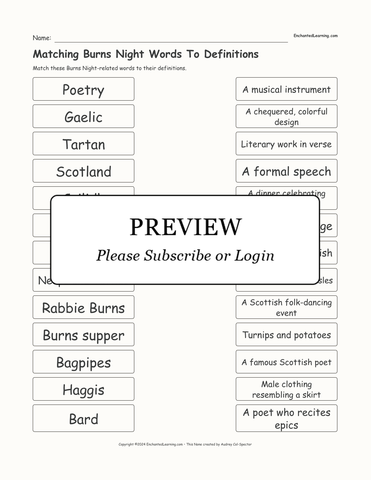 Matching Burns Night Words To Definitions interactive worksheet page 1