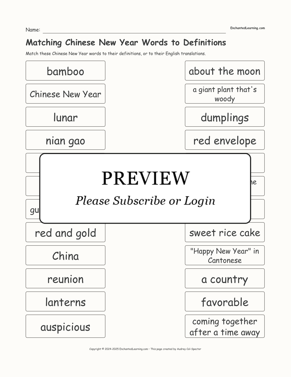 Matching Chinese New Year Words to Definitions interactive worksheet page 1