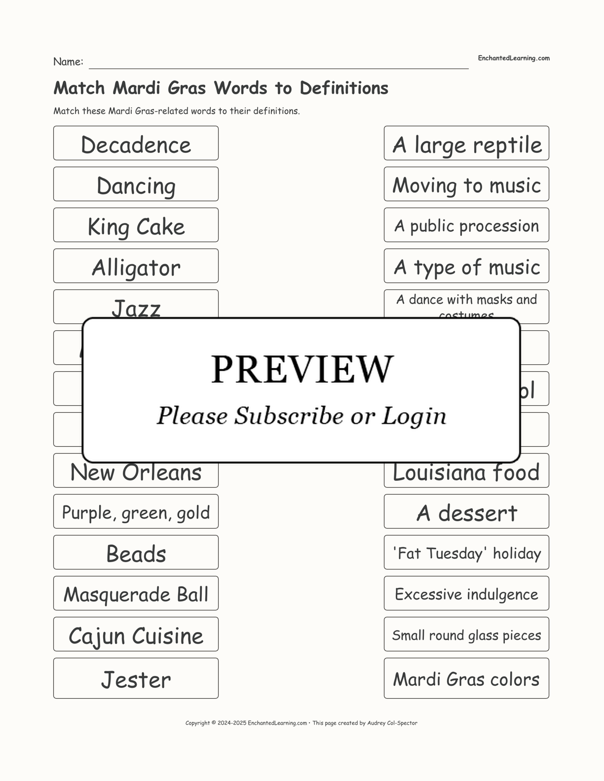 Match Mardi Gras Words to Definitions interactive worksheet page 1