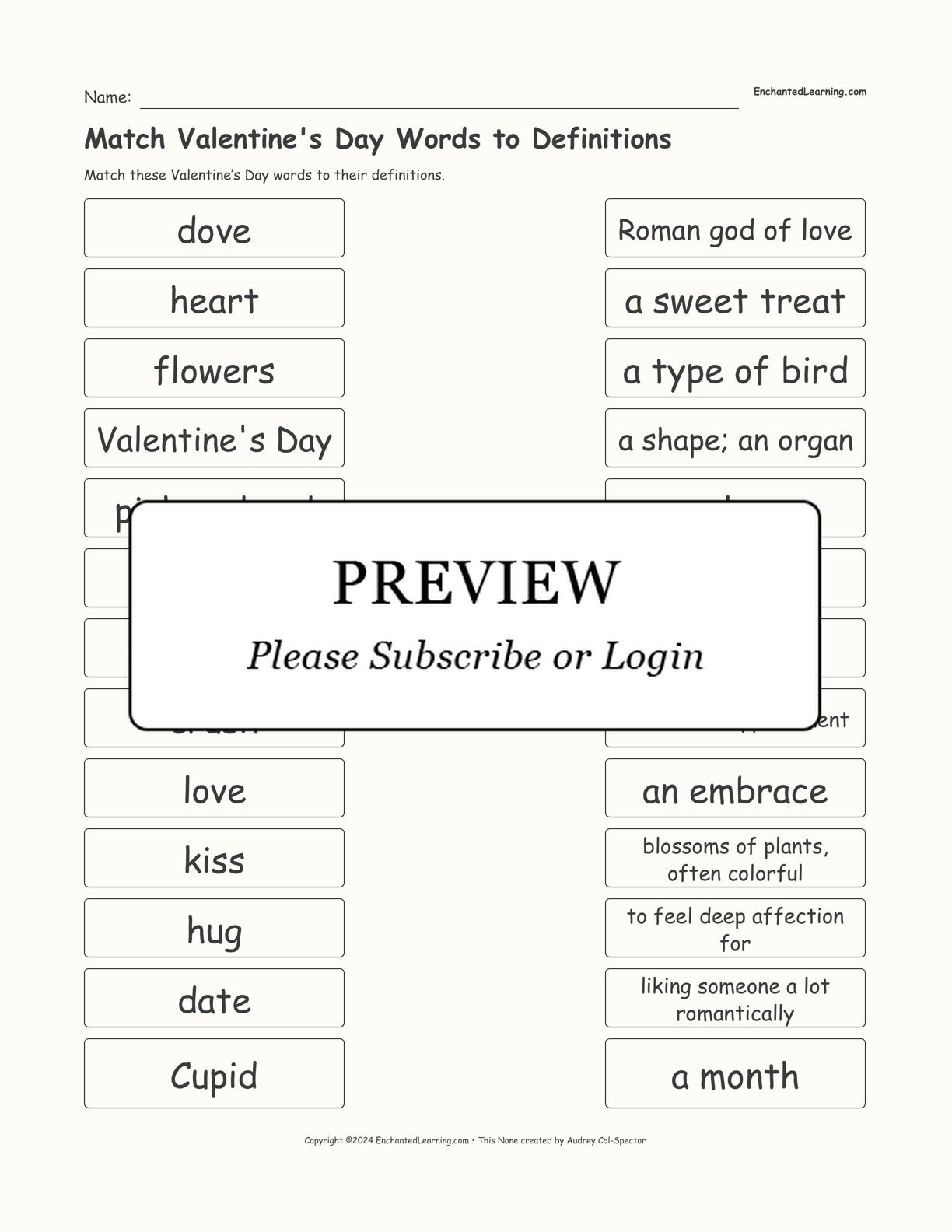 Match Valentine's Day Words to Definitions interactive worksheet page 1