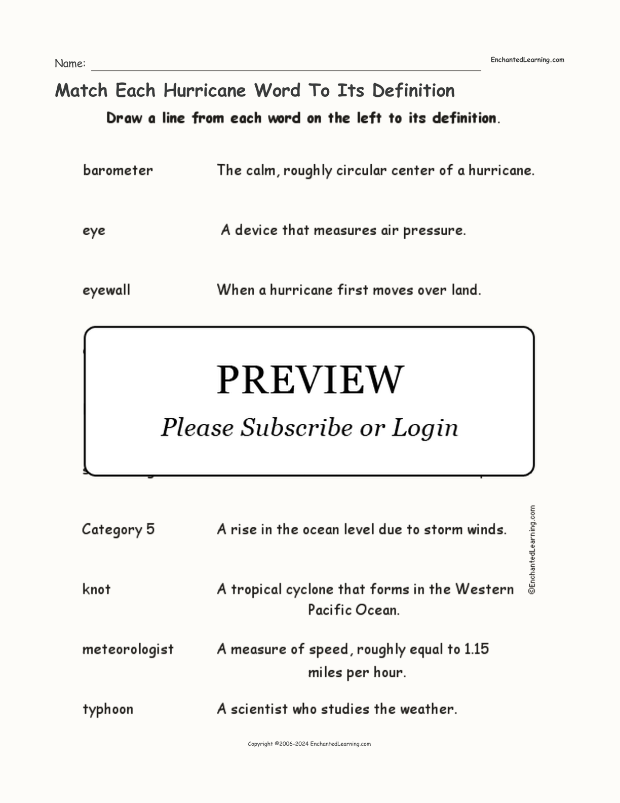 Match Each Hurricane Word To Its Definition interactive worksheet page 1