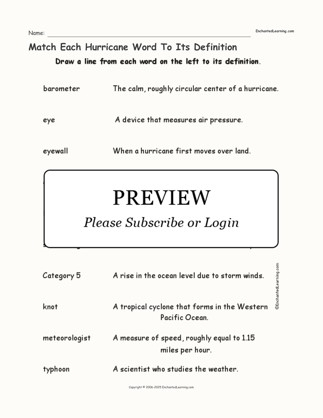 Match Each Hurricane Word To Its Definition interactive worksheet page 1