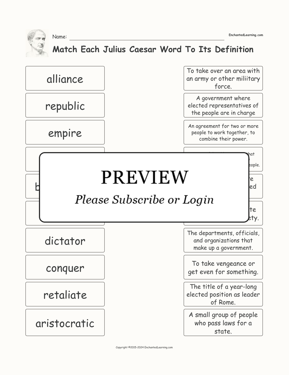 Match Each Julius Caesar Word To Its Definition interactive worksheet page 1