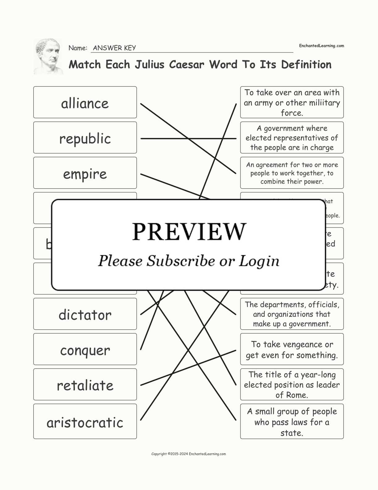 Match Each Julius Caesar Word To Its Definition interactive worksheet page 2