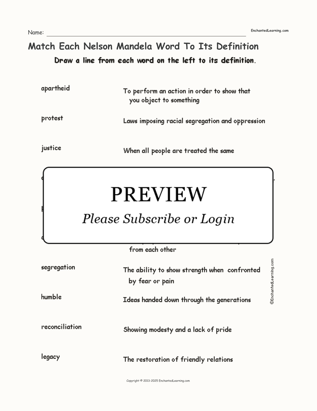 Match Each Nelson Mandela Word To Its Definition interactive worksheet page 1