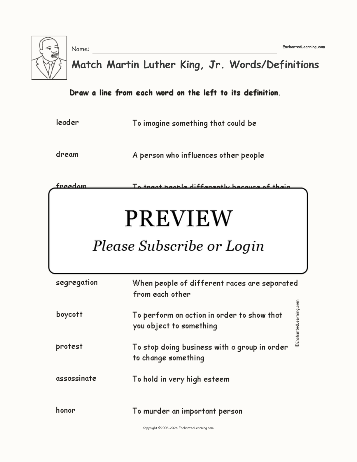 Match Martin Luther King, Jr. Words/Definitions interactive worksheet page 1