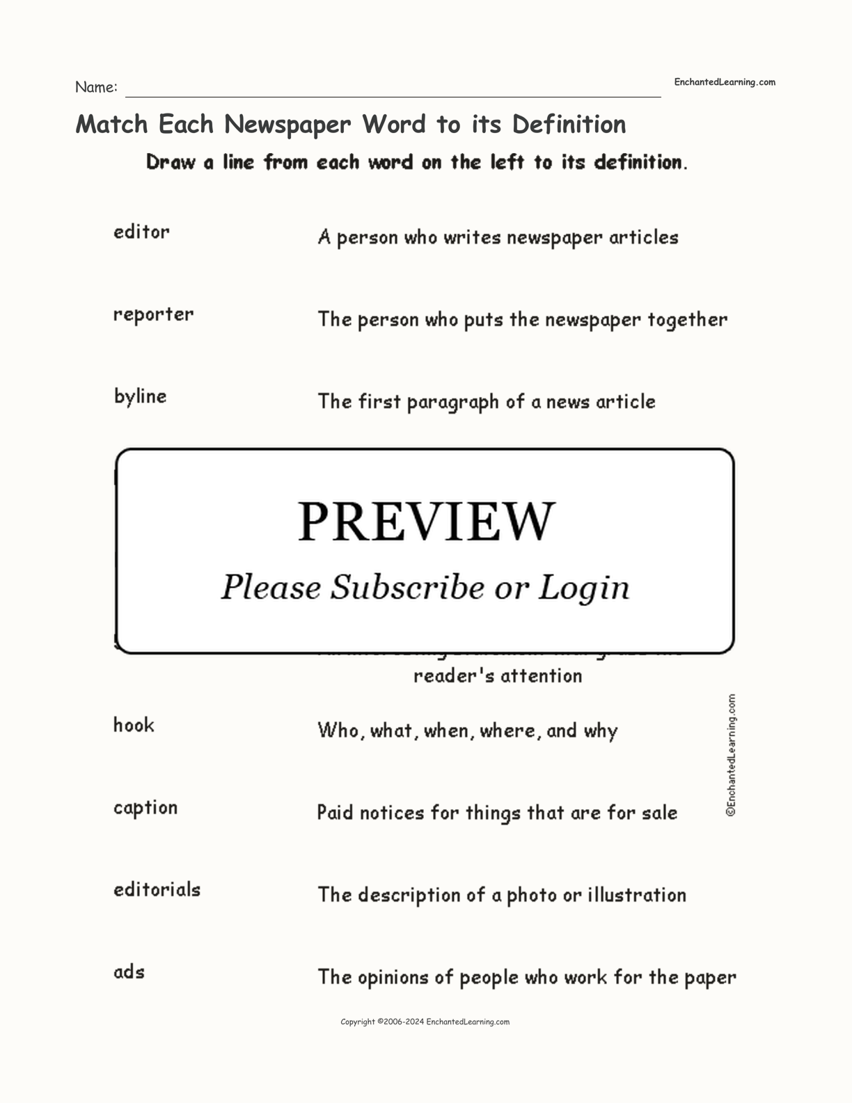 Match Each Newspaper Word to its Definition interactive worksheet page 1