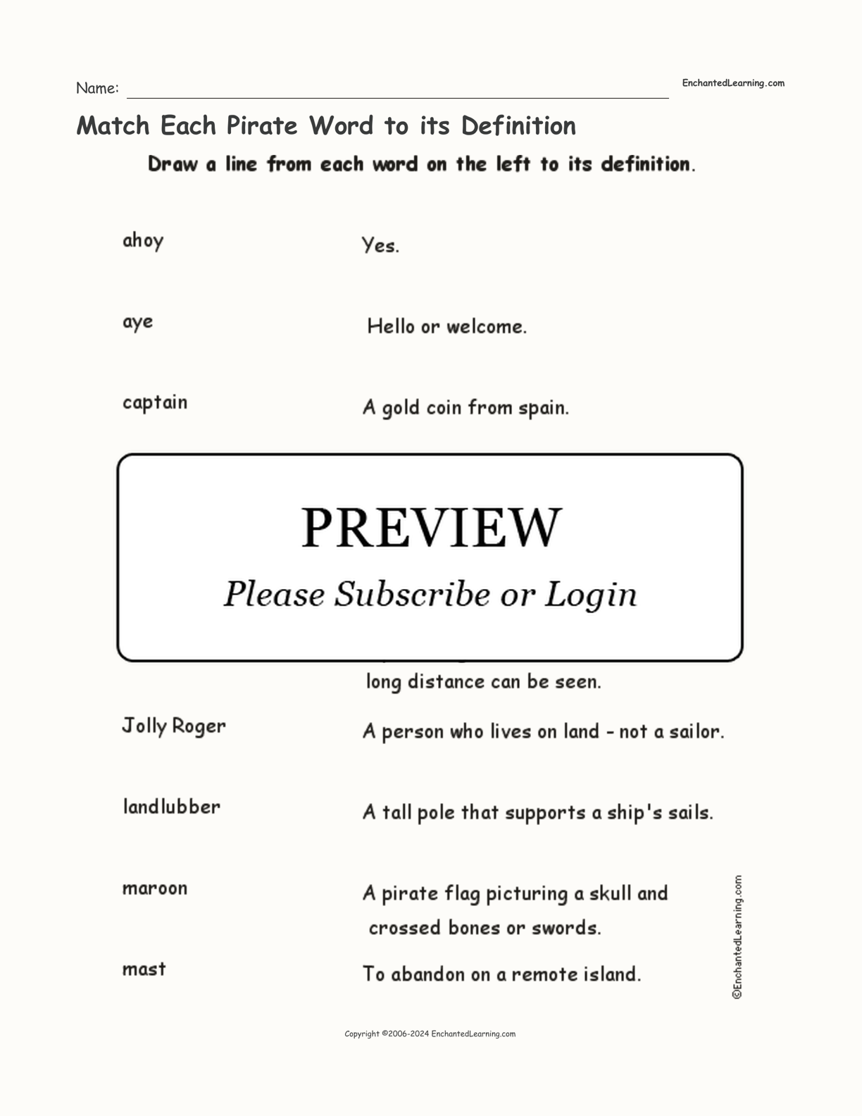 Match Each Pirate Word to its Definition interactive worksheet page 1