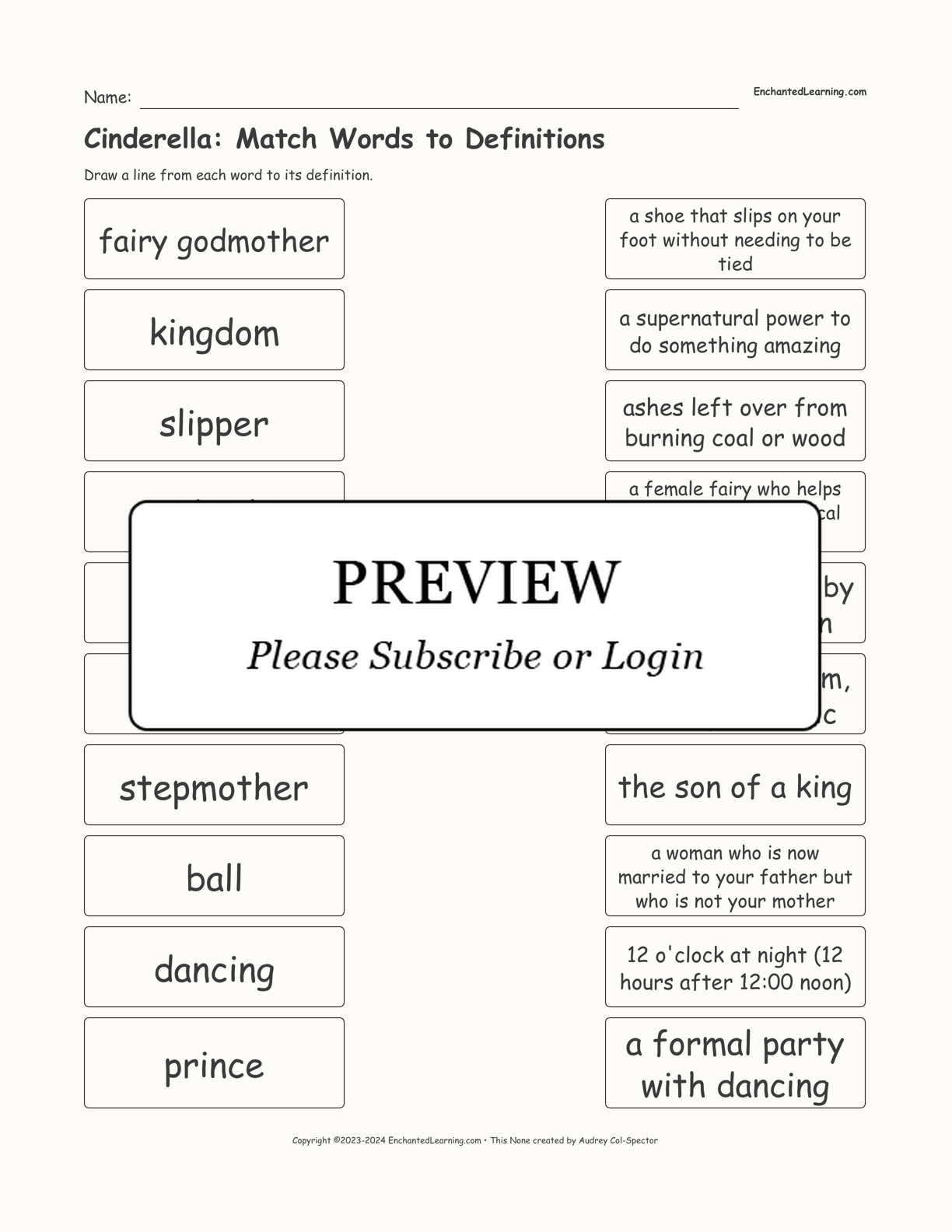 Cinderella: Match Words to Definitions interactive worksheet page 1
