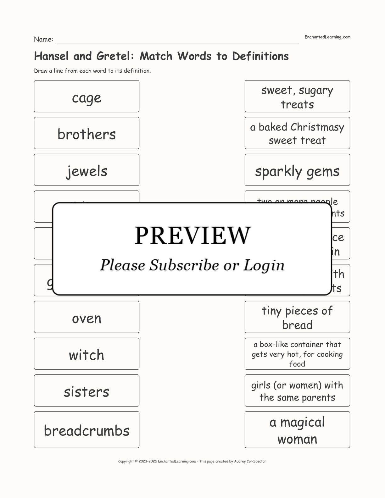 Hansel And Gretel Match Words To Definitions Enchanted Learning