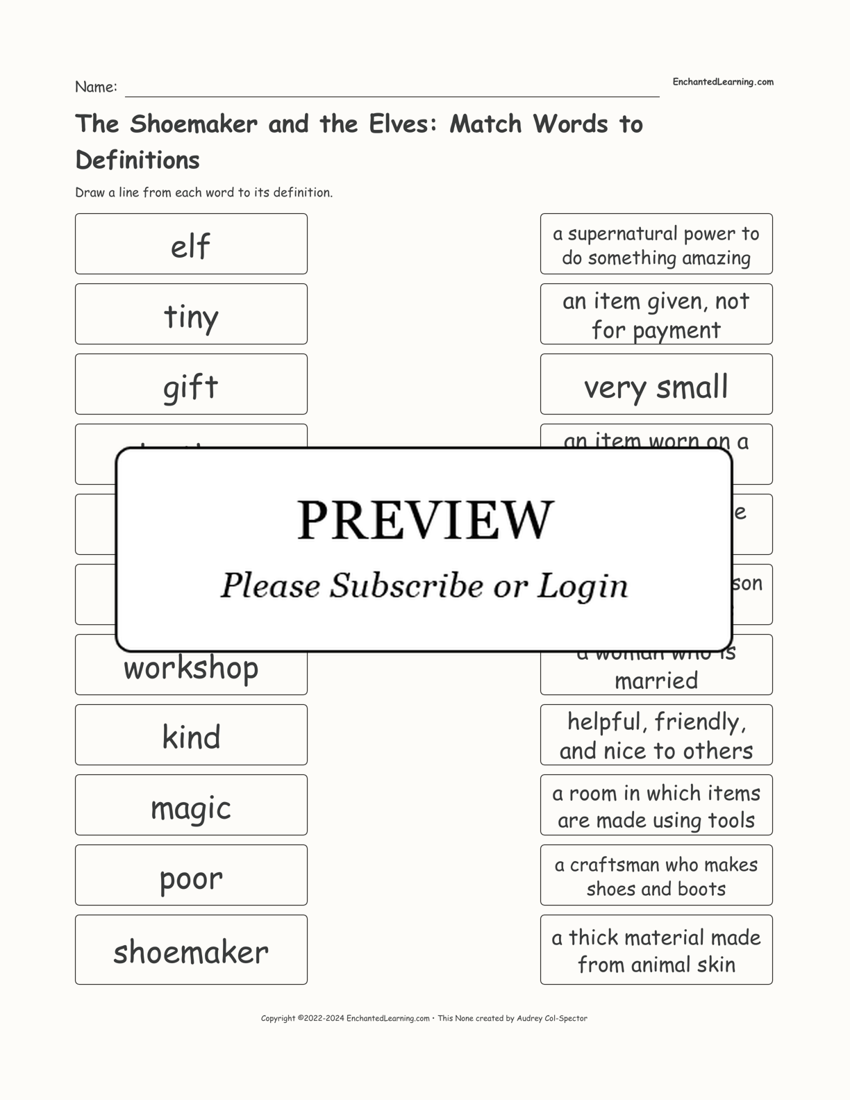 The Shoemaker and the Elves: Match Words to Definitions interactive worksheet page 1