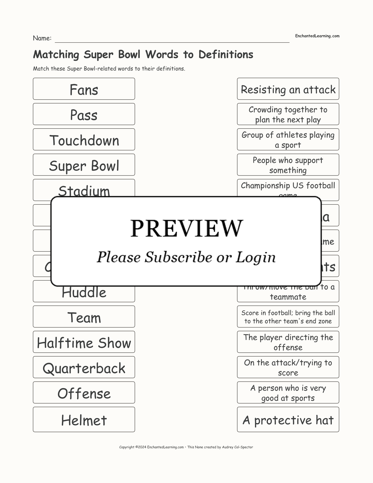 Matching Super Bowl Words to Definitions interactive worksheet page 1