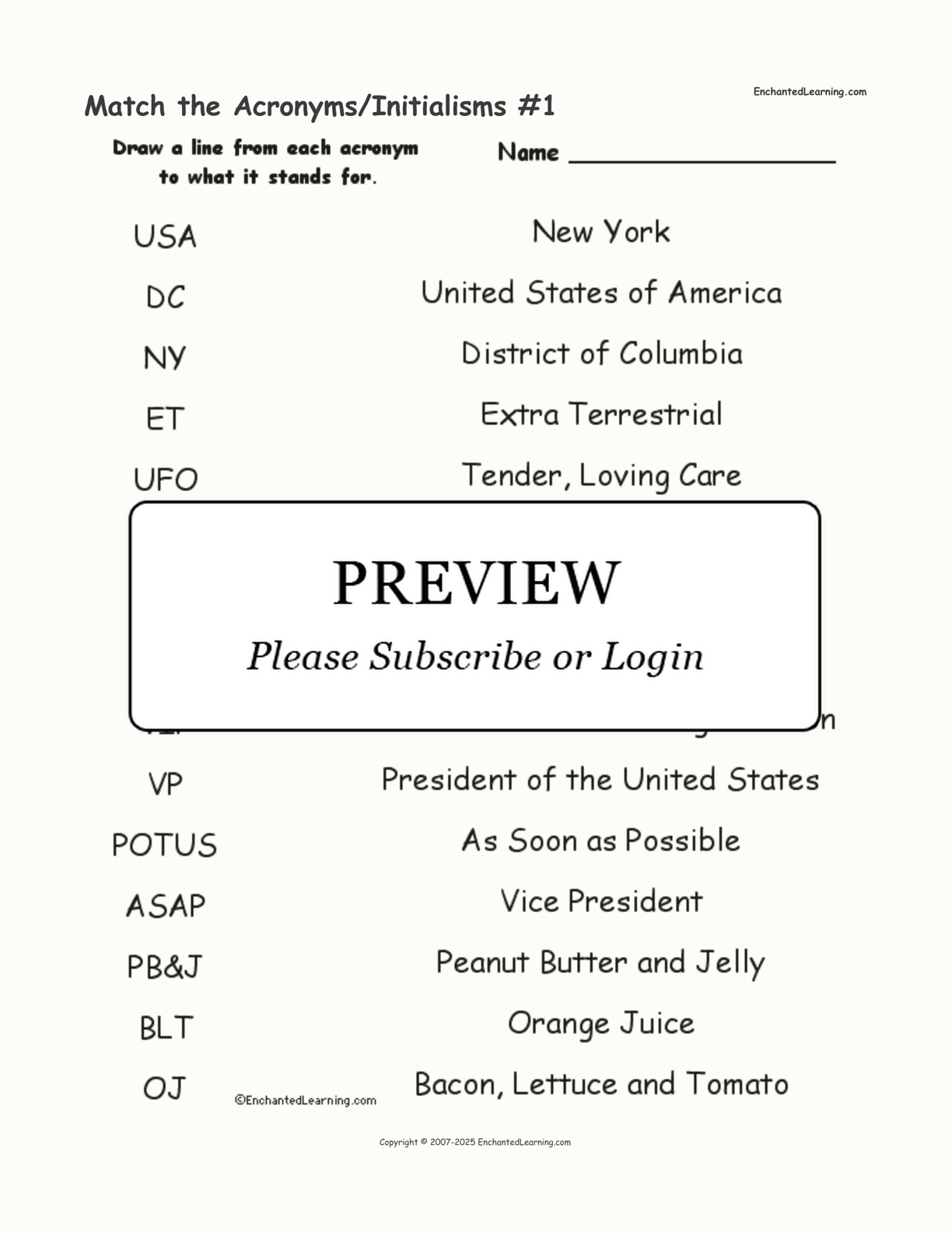 Match the Acronyms/Initialisms #1 interactive worksheet page 1