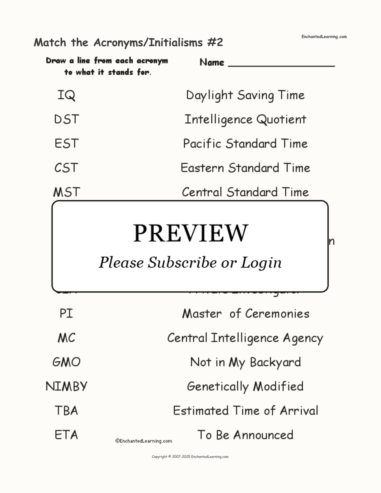 Match the Acronyms/Initialisms #2 interactive worksheet page 1