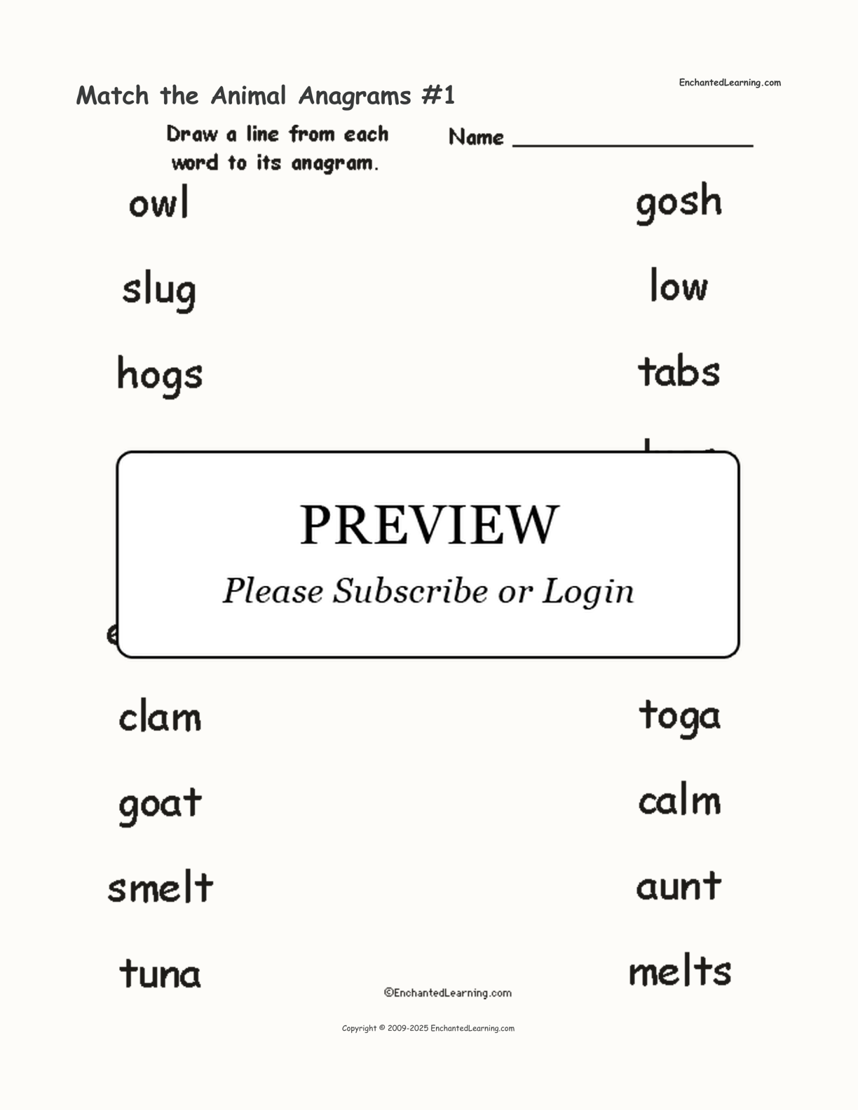 Match the Animal Anagrams #1 interactive worksheet page 1