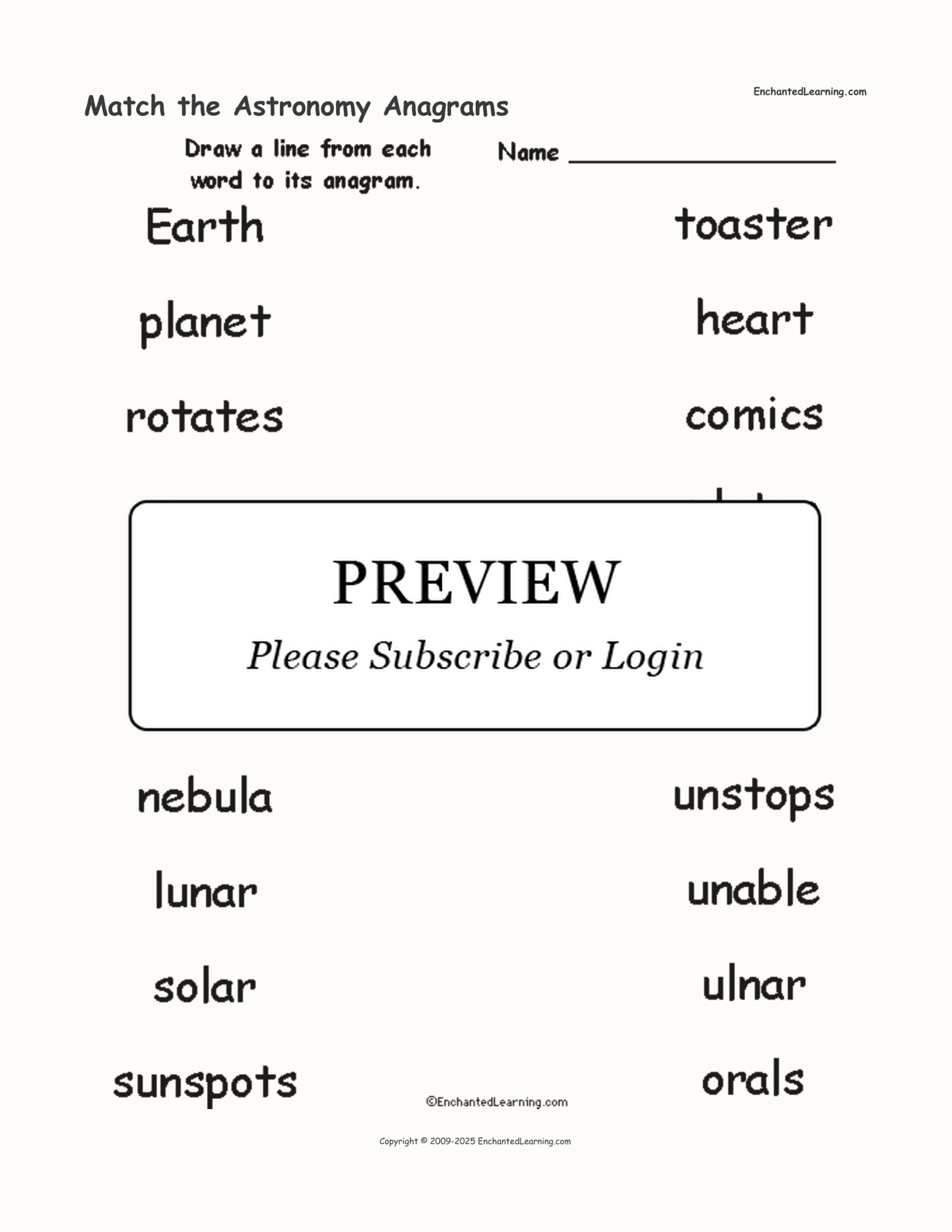 Match the Astronomy Anagrams interactive worksheet page 1