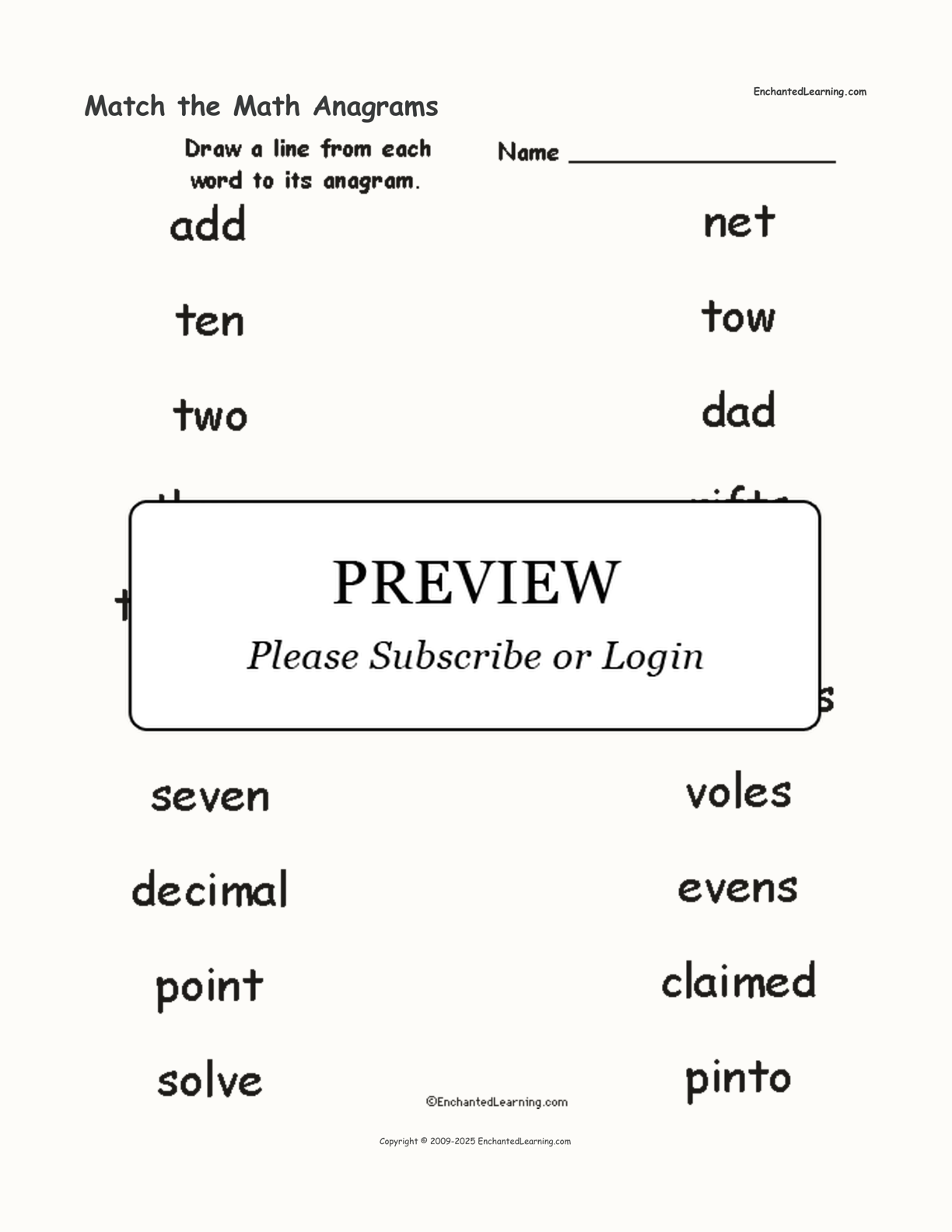 Match the Math Anagrams interactive worksheet page 1