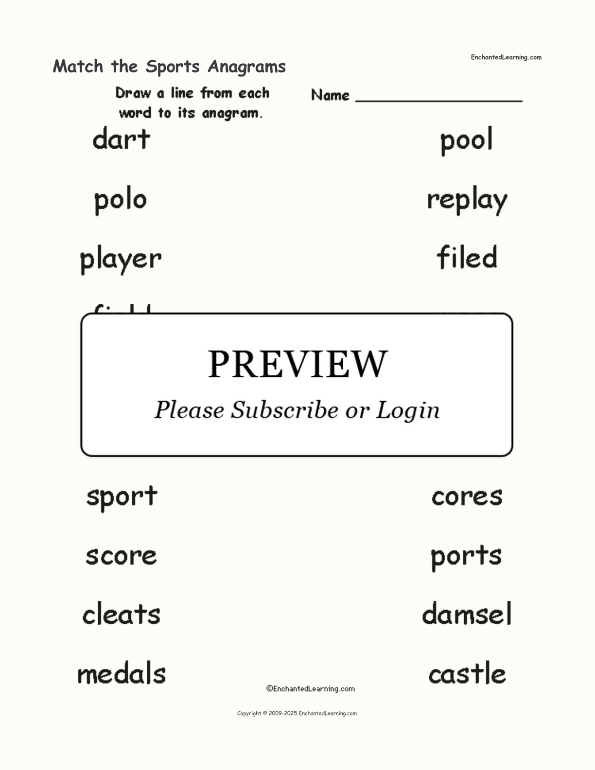 Match the Sports Anagrams interactive worksheet page 1