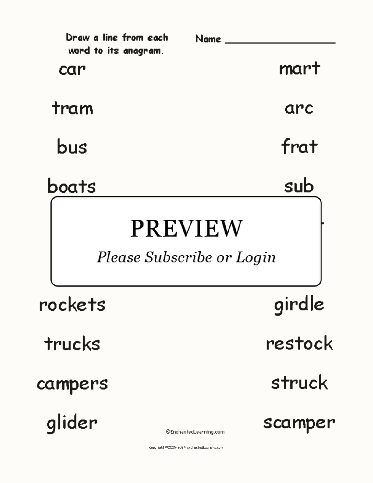 Match the Vehicle Anagrams interactive worksheet page 1