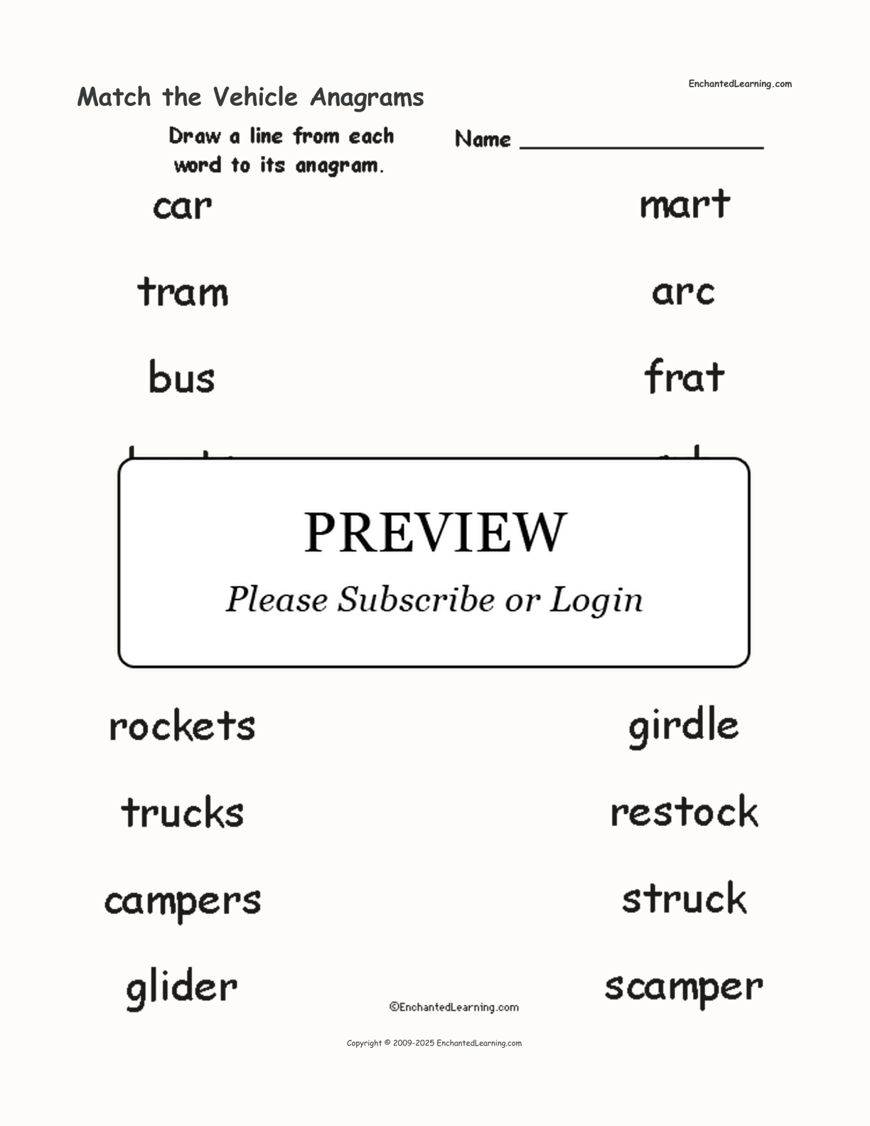 Match the Vehicle Anagrams interactive worksheet page 1