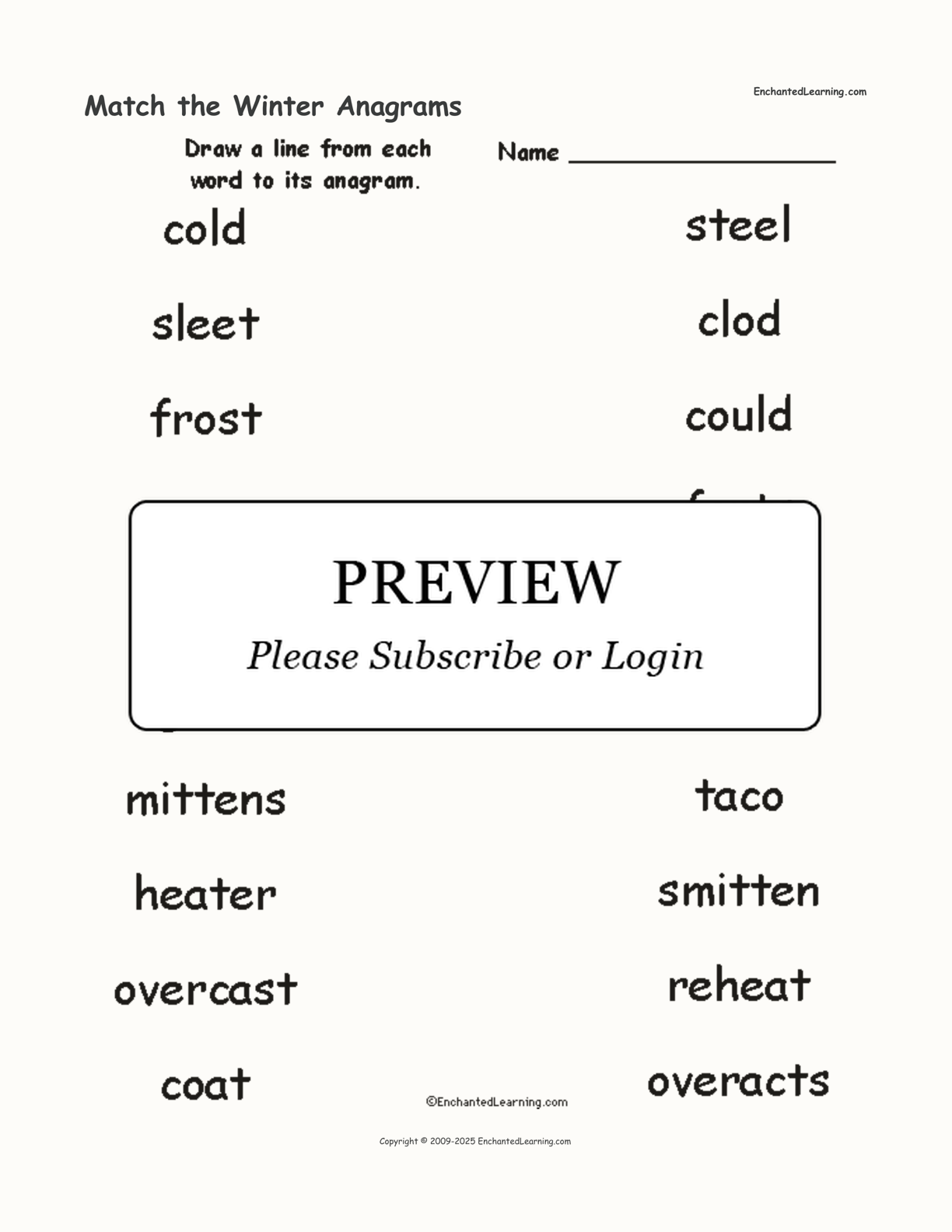 Match the Winter Anagrams interactive worksheet page 1