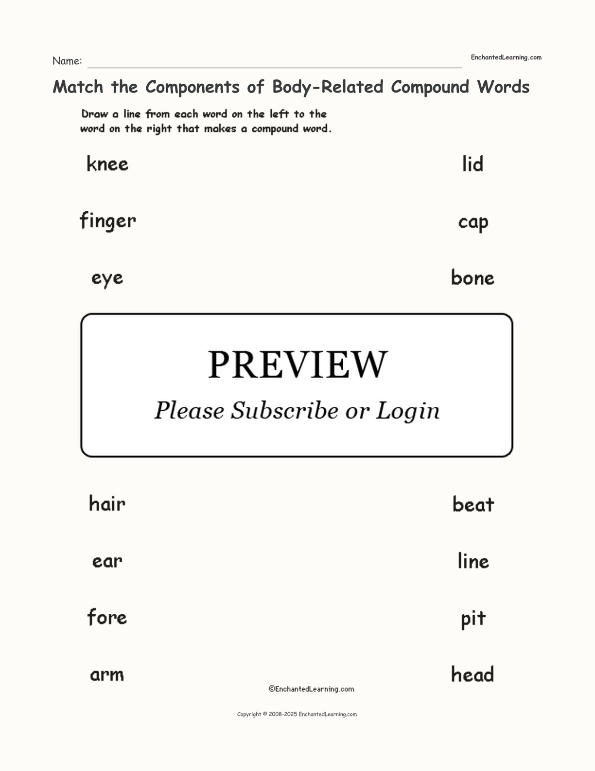 Match the Components of Body-Related Compound Words interactive worksheet page 1